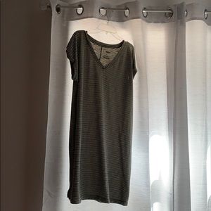 striped green and white V-neck dress